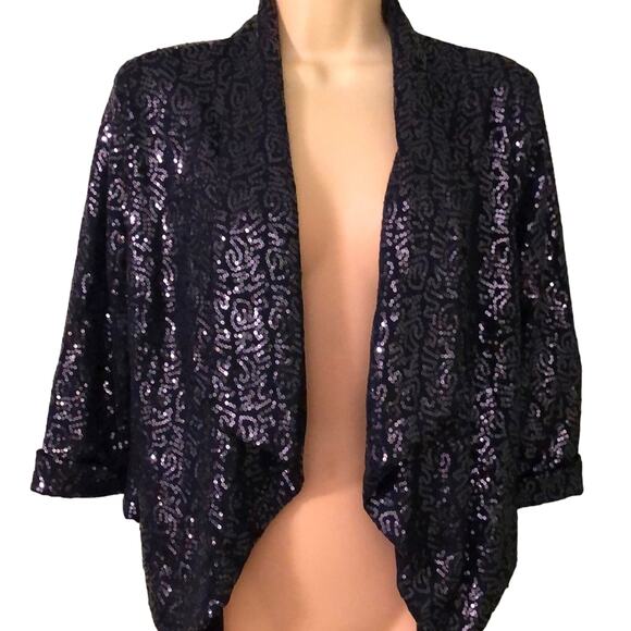 Ya LosAngeles Navy Blue Sequin Cropped Jacket Woman Size Medium Open Front - Picture 1 of 8